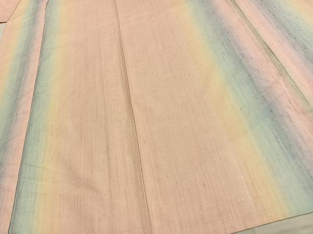 平和屋着物▽紅花紬　米沢　単衣　間道　正絹　逸品　AAAW7721fy