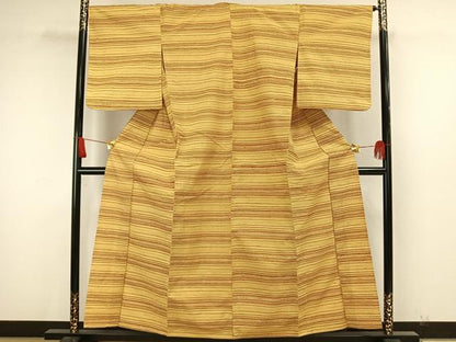 平和屋着物▽上質な紬　単衣　横縞　正絹　逸品　AAAW7722fy