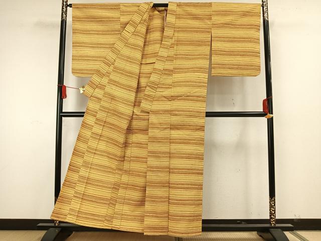 平和屋着物▽上質な紬　単衣　横縞　正絹　逸品　AAAW7722fy