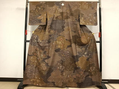 平和屋着物▽上質な小紋 単衣 紬地 草花文 金彩 正絹 逸品 未使用 AAAW7731fy