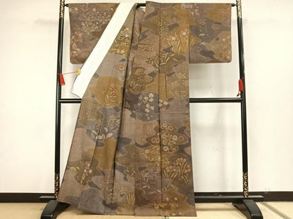 平和屋着物▽上質な小紋 単衣 紬地 草花文 金彩 正絹 逸品 未使用 AAAW7731fy