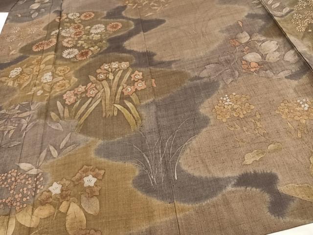 平和屋着物▽上質な小紋 単衣 紬地 草花文 金彩 正絹 逸品 未使用 AAAW7731fy