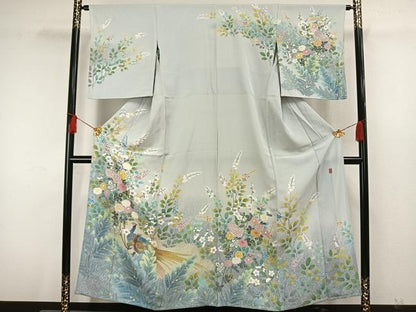 平和屋着物▽訪問着 単衣 友禅 作家物 孔雀草花文 正絹 逸品 AAAW7733fy