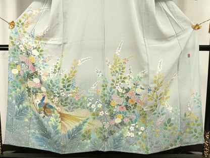 平和屋着物▽訪問着 単衣 友禅 作家物 孔雀草花文 正絹 逸品 AAAW7733fy
