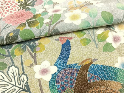 平和屋着物▽訪問着 単衣 友禅 作家物 孔雀草花文 正絹 逸品 AAAW7733fy