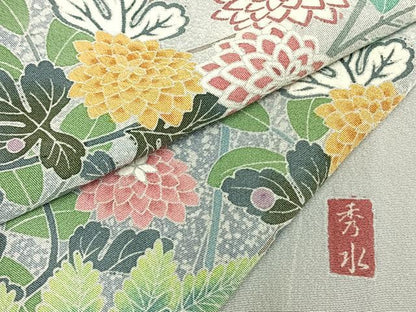 平和屋着物▽訪問着 単衣 友禅 作家物 孔雀草花文 正絹 逸品 AAAW7733fy