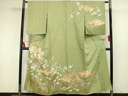 平和屋着物▽訪問着 単衣 駒刺繍 草花文 金彩 ますいわ屋扱い 正絹 逸品 AAAW7745fy