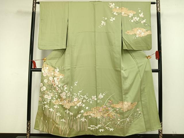 平和屋着物▽訪問着 単衣 駒刺繍 草花文 金彩 ますいわ屋扱い 正絹 逸品 AAAW7745fy