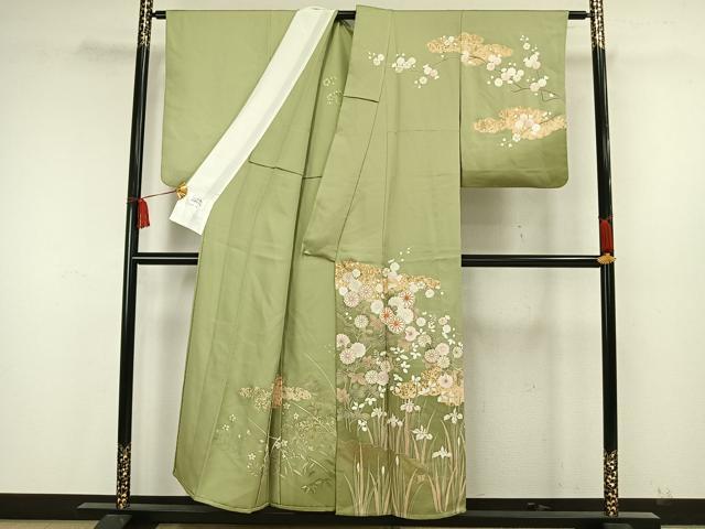 平和屋着物▽訪問着 単衣 駒刺繍 草花文 金彩 ますいわ屋扱い 正絹 逸品 AAAW7745fy