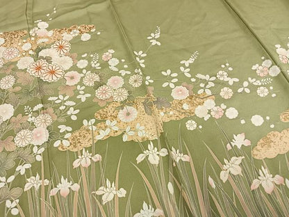 平和屋着物▽訪問着 単衣 駒刺繍 草花文 金彩 ますいわ屋扱い 正絹 逸品 AAAW7745fy