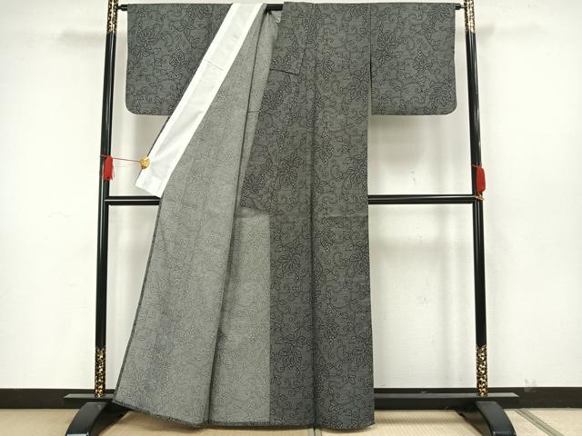平和屋着物▽小紋 単衣 葡萄 黒地 洗える着物 AAAW7749fy
