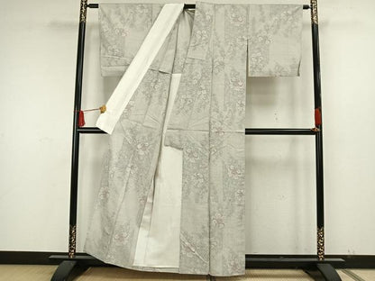 平和屋着物▽上質な紬 単衣 草花文 正絹 逸品 AAAW7761fy