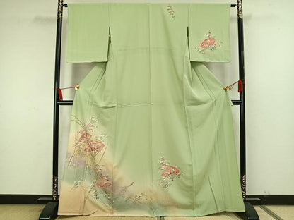 平和屋着物▽訪問着　単衣　扇面花文　暈し染め　金彩　正絹　逸品　未使用　AAAW7762fy