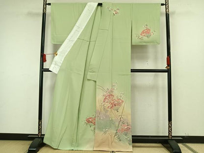 平和屋着物▽訪問着　単衣　扇面花文　暈し染め　金彩　正絹　逸品　未使用　AAAW7762fy