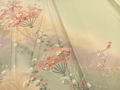 平和屋着物▽訪問着　単衣　扇面花文　暈し染め　金彩　正絹　逸品　未使用　AAAW7762fy