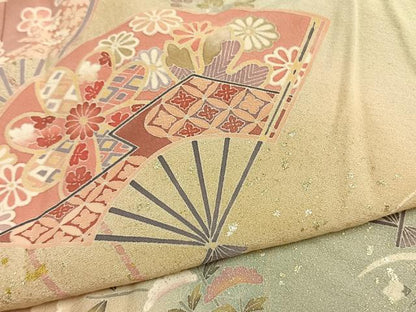 平和屋着物▽訪問着　単衣　扇面花文　暈し染め　金彩　正絹　逸品　未使用　AAAW7762fy