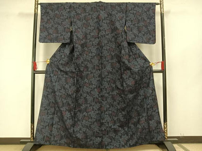 平和屋着物▽結城紬 単衣 枝葉文 正絹 逸品 AAAW7766fy