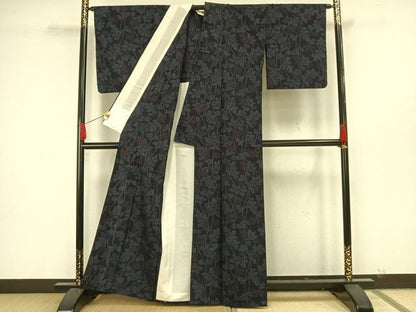 平和屋着物▽結城紬 単衣 枝葉文 正絹 逸品 AAAW7766fy