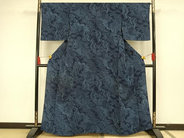 平和屋着物▽上質な小紋 単衣 藍 型染め 草花文 鬼しぼ縮緬 正絹 逸品 AAAW7767fy