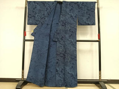 平和屋着物▽上質な小紋 単衣 藍 型染め 草花文 鬼しぼ縮緬 正絹 逸品 AAAW7767fy