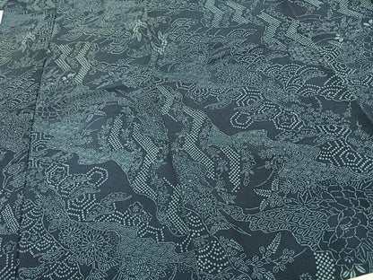 平和屋着物▽上質な小紋 単衣 藍 型染め 草花文 鬼しぼ縮緬 正絹 逸品 AAAW7767fy