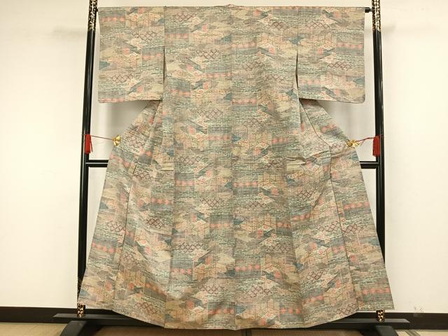 平和屋着物▽小千谷紬 単衣 風景花文 正絹 逸品 AAAW7770fy