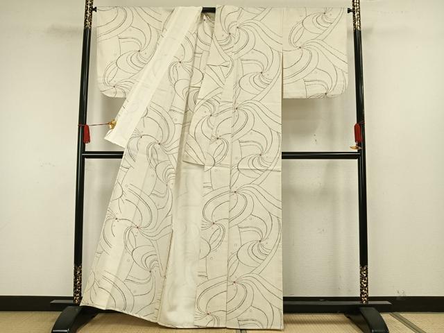 平和屋着物▽上質な紬 単衣 幾何学文様 正絹 逸品 AAAW7771fy