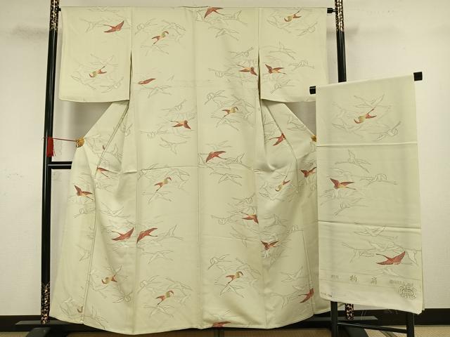 平和屋着物▽上質な小紋　単衣　飛鶴文　丹後ちりめん　反端付き　正絹　逸品　AAAW7773fy