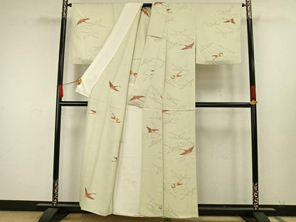 平和屋着物▽上質な小紋　単衣　飛鶴文　丹後ちりめん　反端付き　正絹　逸品　AAAW7773fy