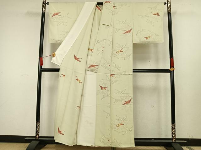 平和屋着物▽上質な小紋　単衣　飛鶴文　丹後ちりめん　反端付き　正絹　逸品　AAAW7773fy