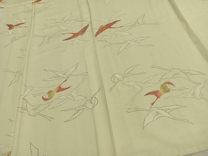平和屋着物▽上質な小紋　単衣　飛鶴文　丹後ちりめん　反端付き　正絹　逸品　AAAW7773fy