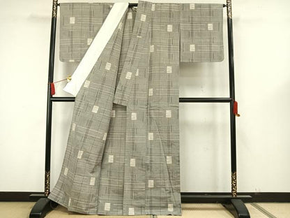 平和屋着物▽上質な紬 単衣 幾何学文様 正絹 逸品 未使用 AAAW7790fy