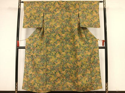 平和屋着物▽上質な小紋 単衣 型染め 風景草花文 正絹 逸品 AAAW7792fy