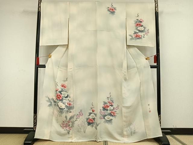 平和屋着物▽訪問着 単衣 作家物 手描き 草花文 暈し染め 正絹 逸品 AAAW7800fy