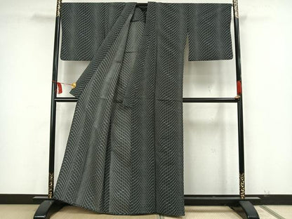平和屋着物▽小紋　単衣　幾何学文様　黒地　洗える着物　AAAW7820fy