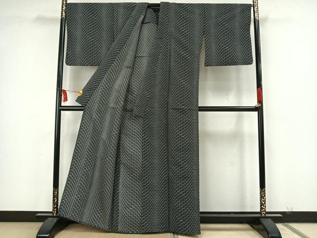 平和屋着物▽小紋　単衣　幾何学文様　黒地　洗える着物　AAAW7820fy