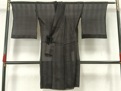 平和屋着物▽道中着　スリーシーズン　春夏秋　塵除け　紗　縞　黒地　ロング丈　正絹　逸品　AAAW7825fy