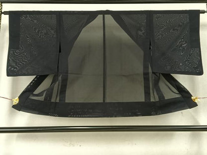 平和屋着物▽羽織　スリーシーズン　春夏秋　塵除け　紗　草木文　黒地　銀糸　正絹　逸品　AAAW7829fy
