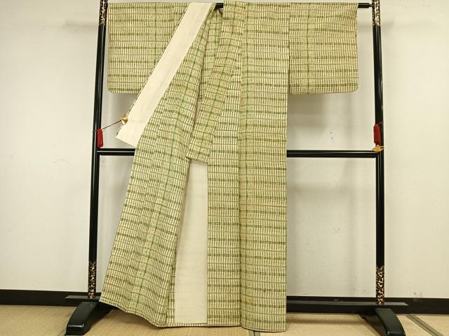 平和屋着物▽上質な紬 単衣 幾何学文様 正絹 逸品 AAAW7835fy