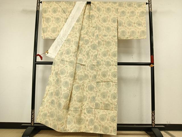 平和屋着物▽上質な紬 単衣 草花文 正絹 逸品 AAAW7839fy
