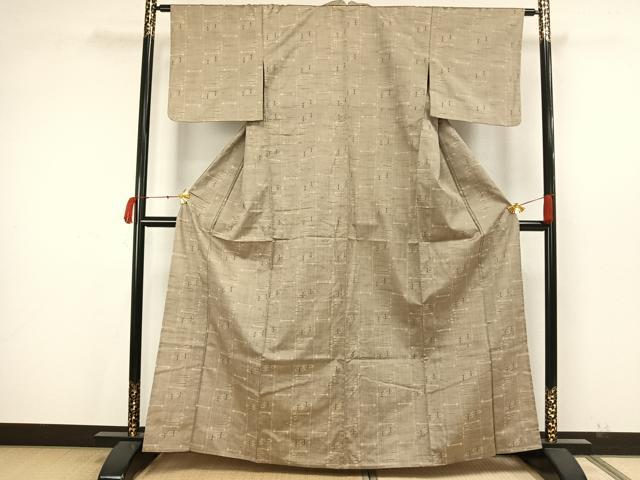 平和屋着物▽上質な紬　単衣　幾何学文様　正絹　逸品　AAAW7840fy