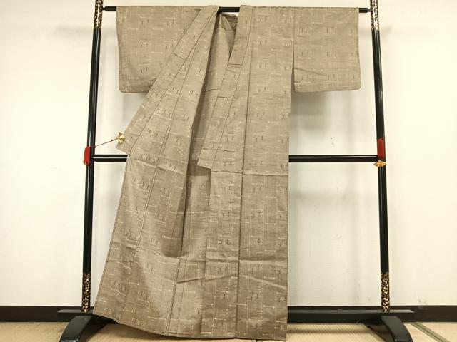 平和屋着物▽上質な紬　単衣　幾何学文様　正絹　逸品　AAAW7840fy