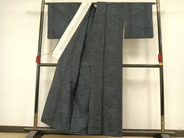 平和屋着物▽上質な紬 単衣 色紙文 正絹 逸品 AAAW7842fy