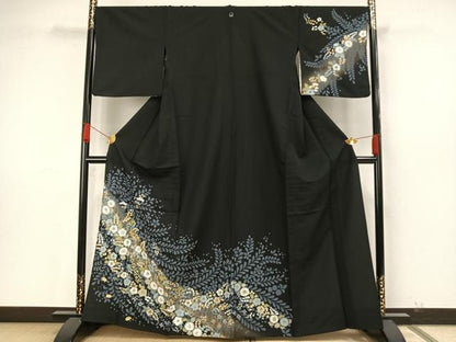 平和屋着物▽訪問着　単衣　辻が花　黒地　洗える着物　AAAW7856fy