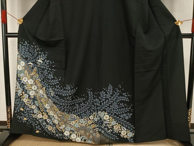 平和屋着物▽訪問着　単衣　辻が花　黒地　洗える着物　AAAW7856fy