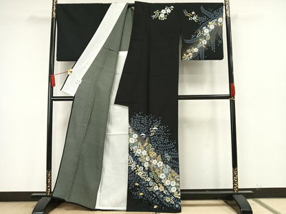 平和屋着物▽訪問着　単衣　辻が花　黒地　洗える着物　AAAW7856fy