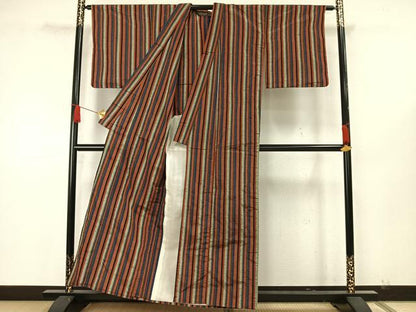 平和屋着物▽上質な紬 単衣 縞 正絹 逸品 AAAW7860fy