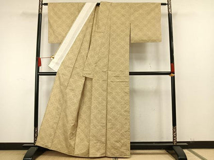 平和屋着物▽上質な紬　単衣　幾何学文様　正絹　逸品　AAAW7865fy