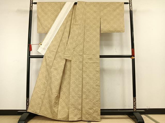 平和屋着物▽上質な紬　単衣　幾何学文様　正絹　逸品　AAAW7865fy