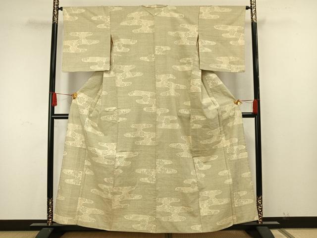平和屋着物▽上質な紬　単衣　エ霞花文　正絹　逸品　AAAW7866fy